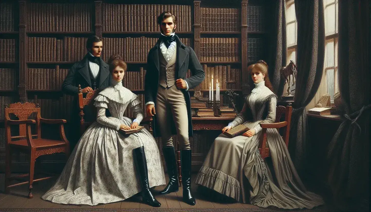 Escena del siglo XIX con tres personas en atuendos de época, un hombre de pie y dos mujeres, una sentada, en un estudio con estantería de libros y candelabro encendido.