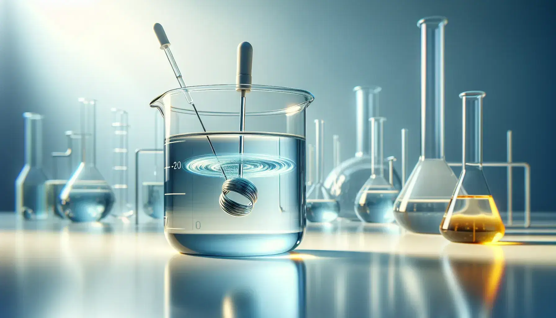 Glass beaker with light blue liquid and magnetic stirrer in action on laboratory bench, pipette with yellow liquid on the right, blurred background with glassware.