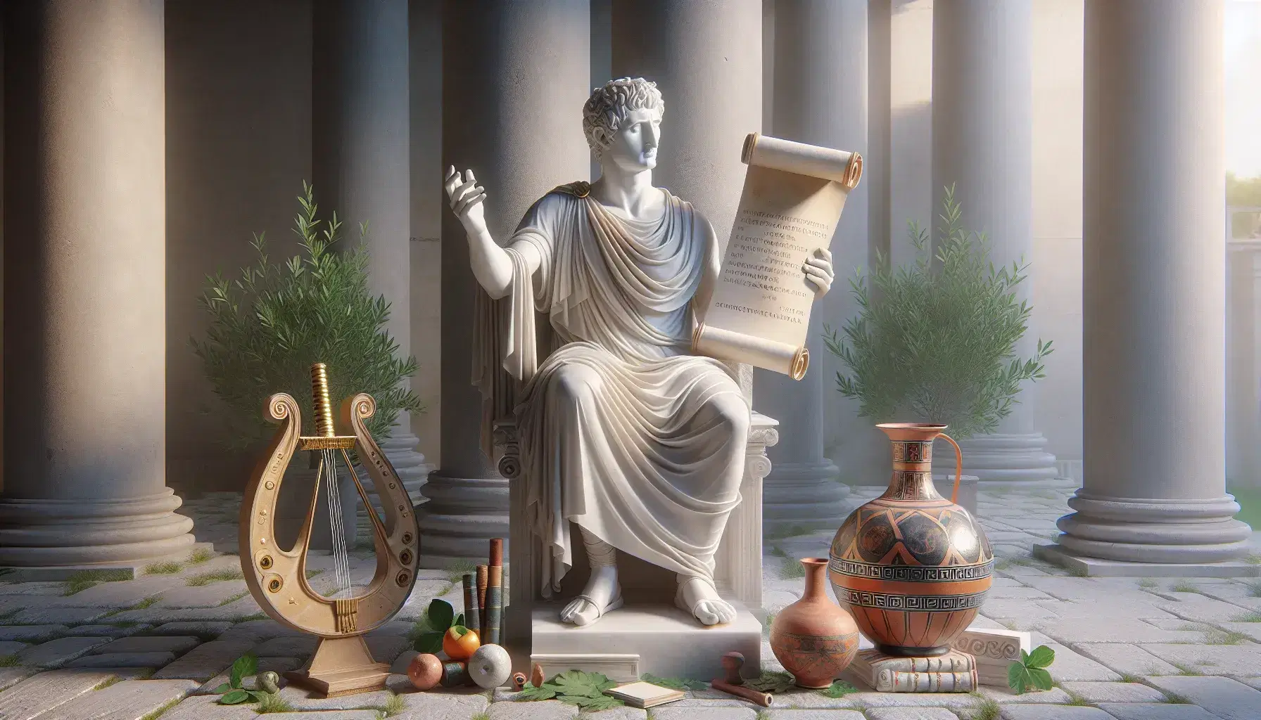 Statua marmorea di Orazio seduto con pergamena, circondato da elementi greci come lira e elmo, in giardino classico con colonne.