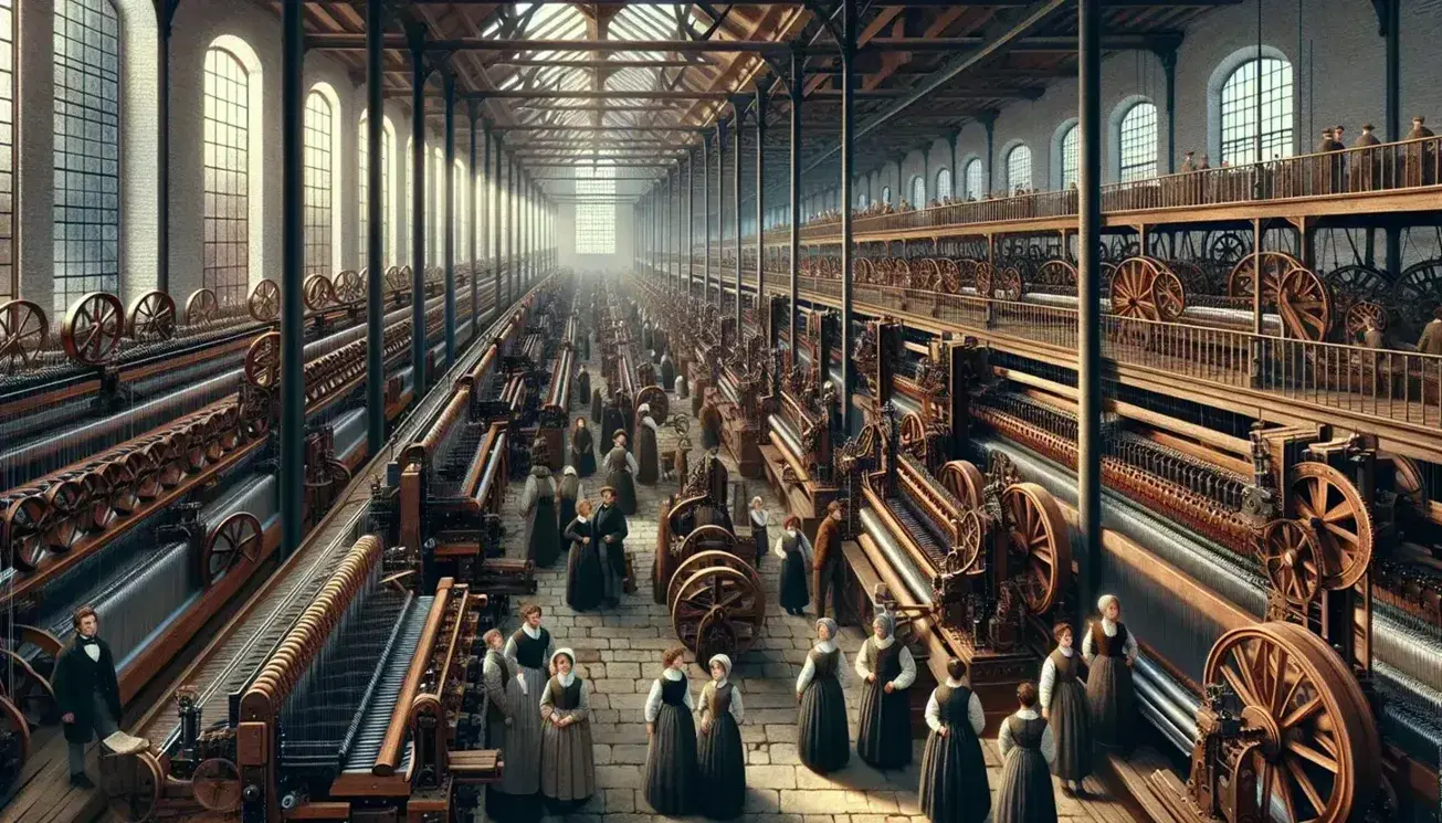 Escena de trabajadores operando telares en una fábrica textil de la Revolución Industrial, con máquinas de madera y metal en filas ordenadas.