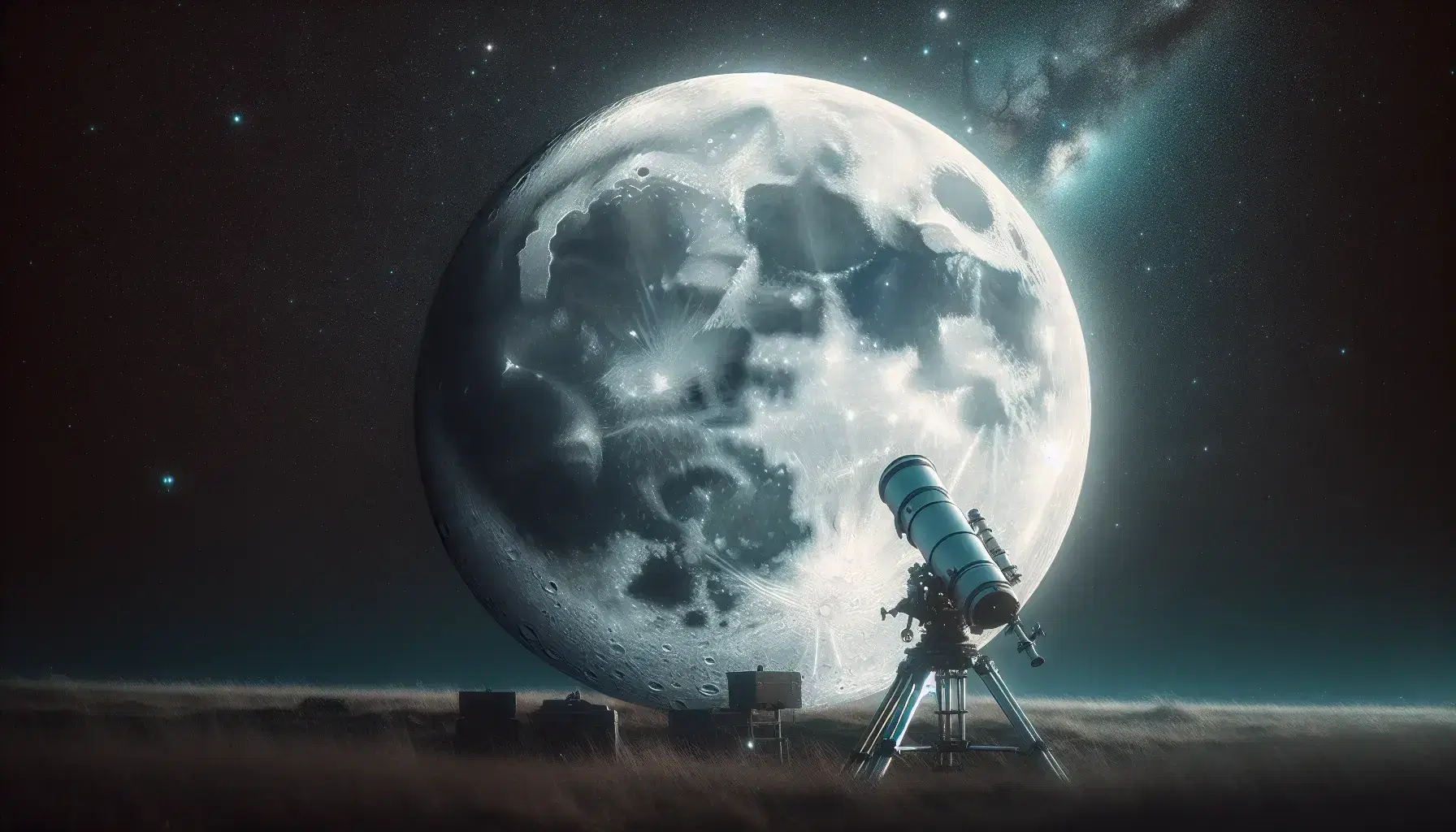 Vista notturna della Luna piena dettagliata e stelle nel cielo, con telescopio sfocato in primo piano su terreno erboso.