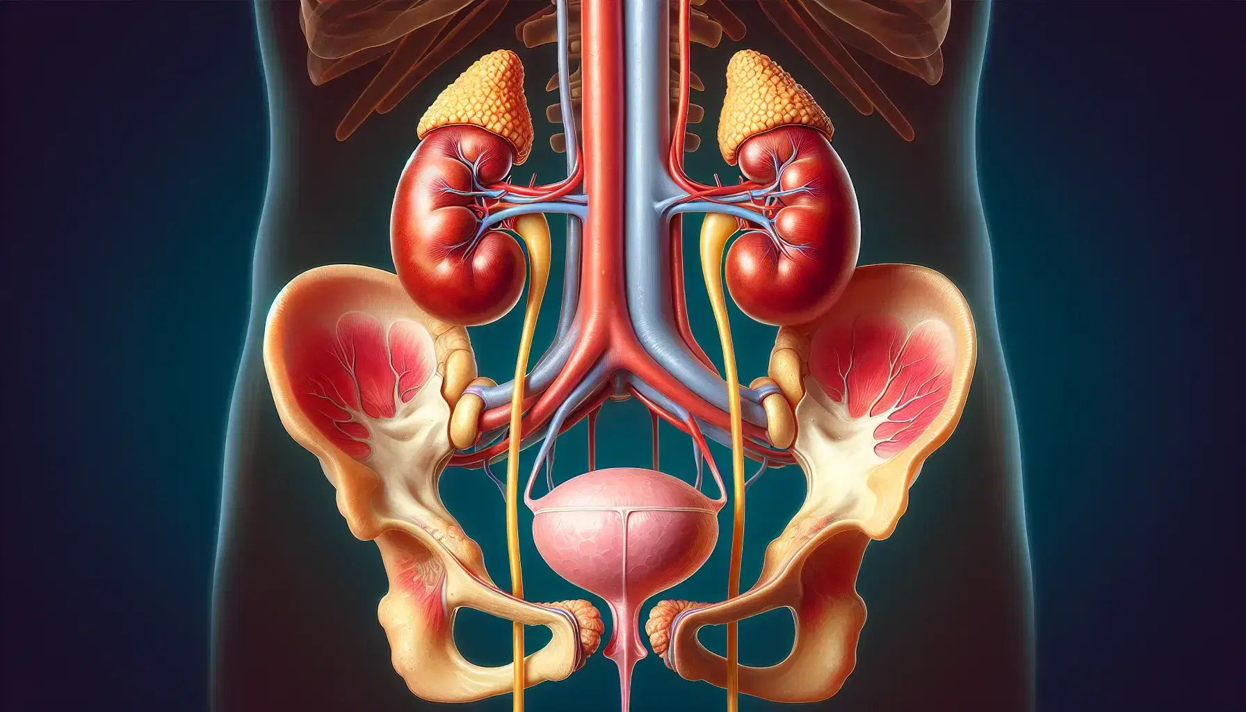 Sistema urinario umano con reni rossastri, ghiandole surrenali arancioni, ureteri gialli e vescica rosa in dettaglio anatomico.