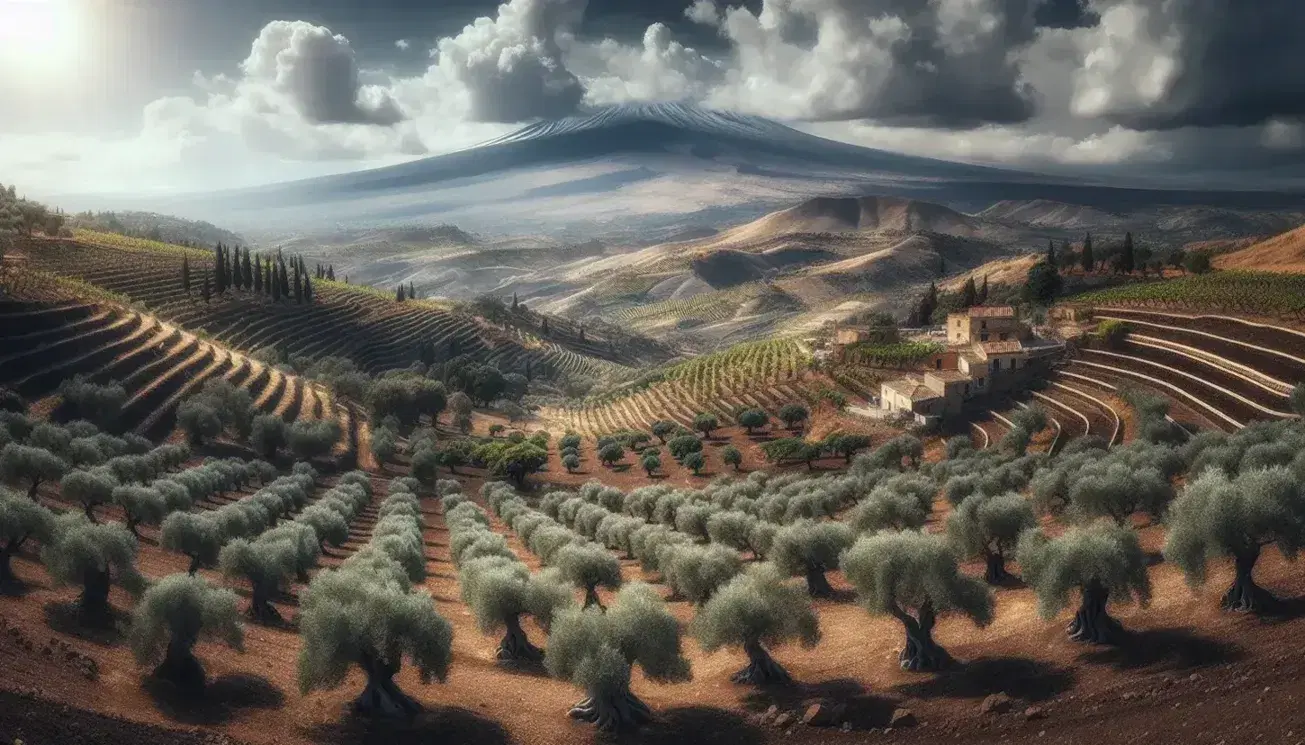 Paesaggio siciliano con ulivi e vigne in primo piano, case rurali, coltivazioni su colline e il vulcano Etna sullo sfondo.