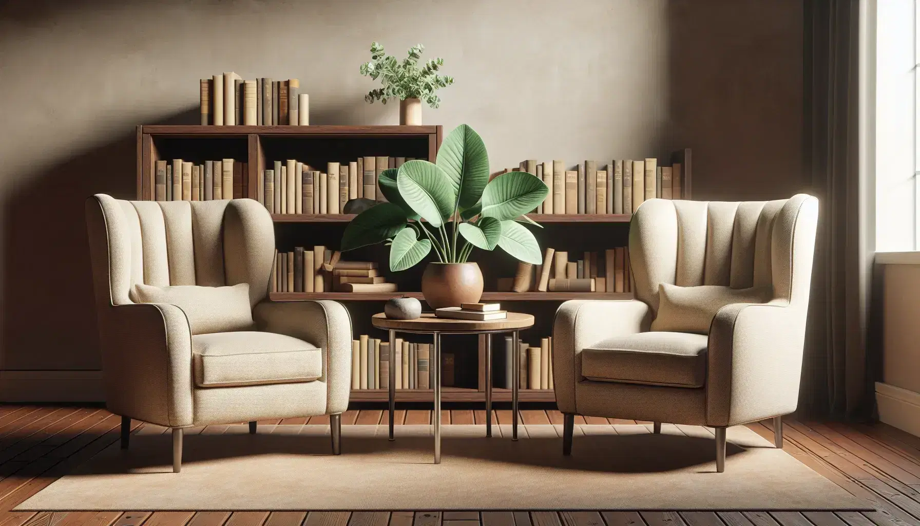 Cozy therapeutic office with front beige armchairs, coffee table with green plant, bookcase and window with translucent curtains.
