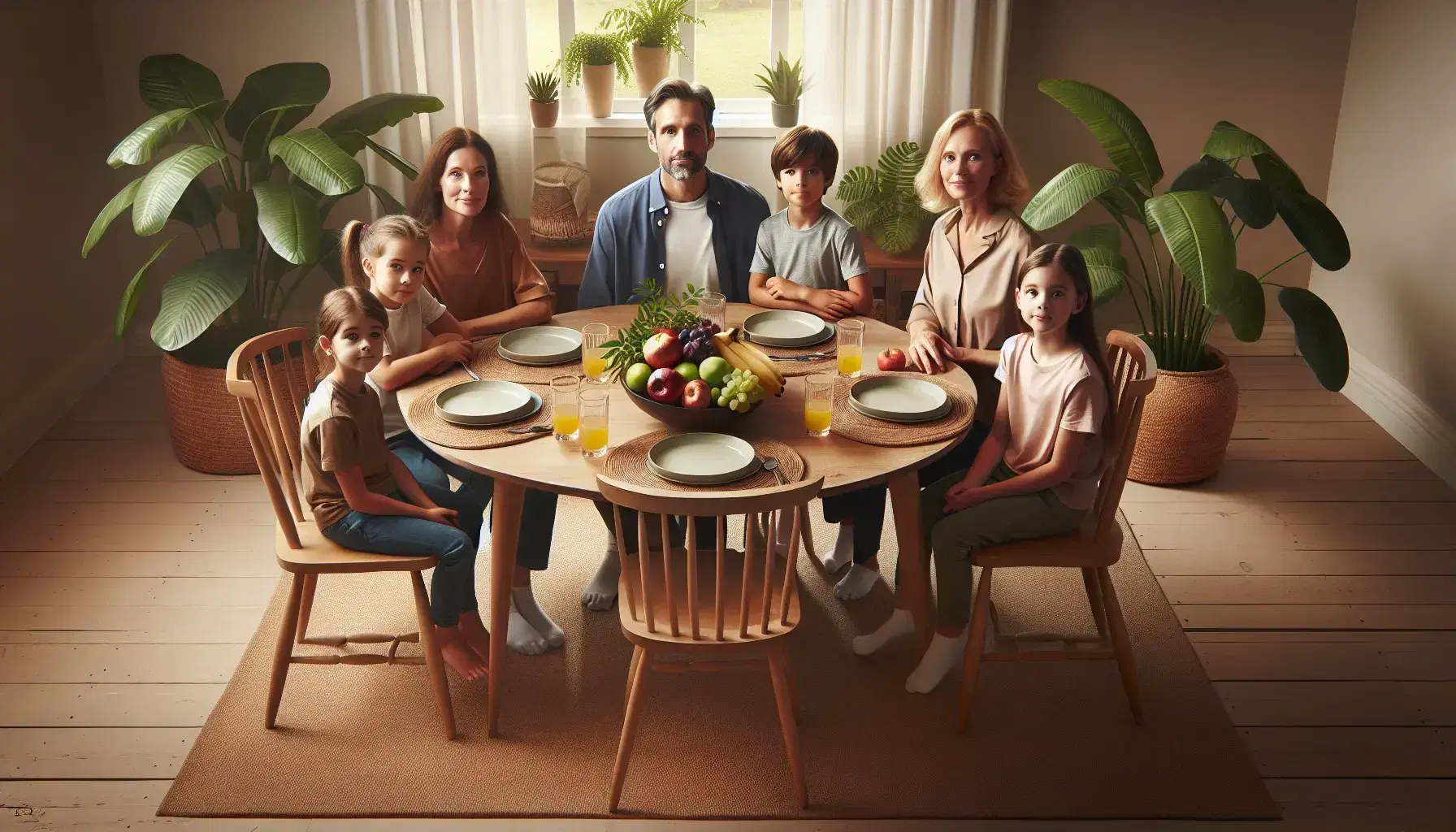 Familia disfrutando de una comida alrededor de una mesa redonda con frutero y platos blancos, en un comedor iluminado con decoración hogareña.