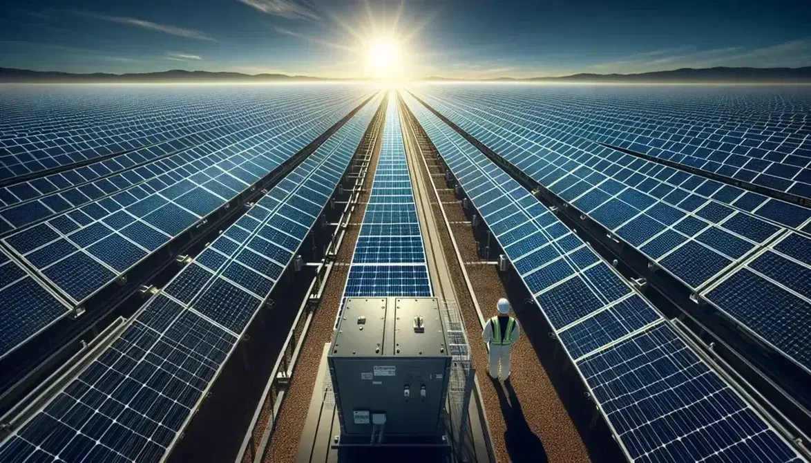 Pannelli solari fotovoltaici in fila su terreno ondulato con cielo sereno, tecnico in abbigliamento da lavoro controlla l'impianto.