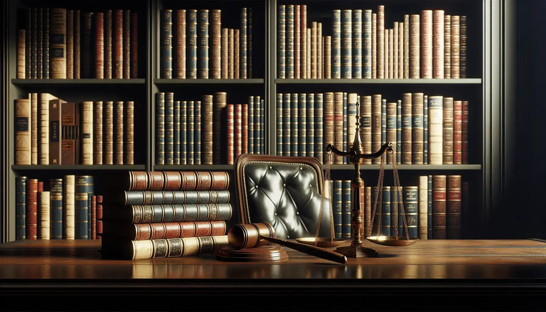 Biblioteca clásica con estanterías de madera oscura llenas de libros, balanza de justicia y martillo sobre mesa reflejando luz suave.