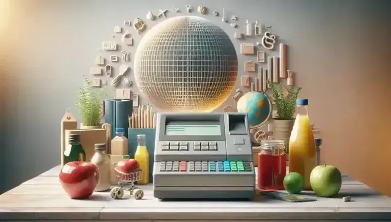 Cassa moderna grigia con display digitale e prodotti vari: mela rossa, bottiglia trasparente con liquido giallo, libro copertina blu e pianta fiorita, globo stilizzato sospeso.