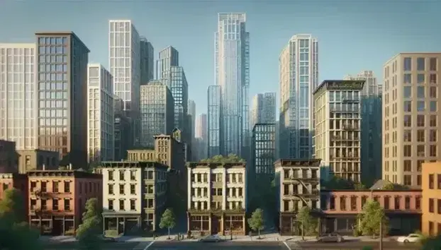 Edificios urbanos ascendentes desde una pequeña construcción de ladrillo hasta un rascacielos de acero y vidrio, con árboles dispersos bajo un cielo azul claro.