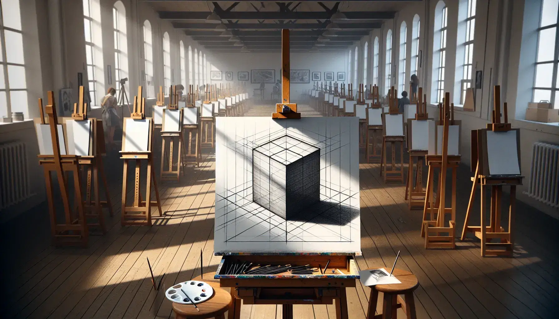Aula d'arte con cavalletti e fogli bianchi, studenti disegnano, luce naturale, cubo in prospettiva su cavalletto centrale, ombre sul pavimento.