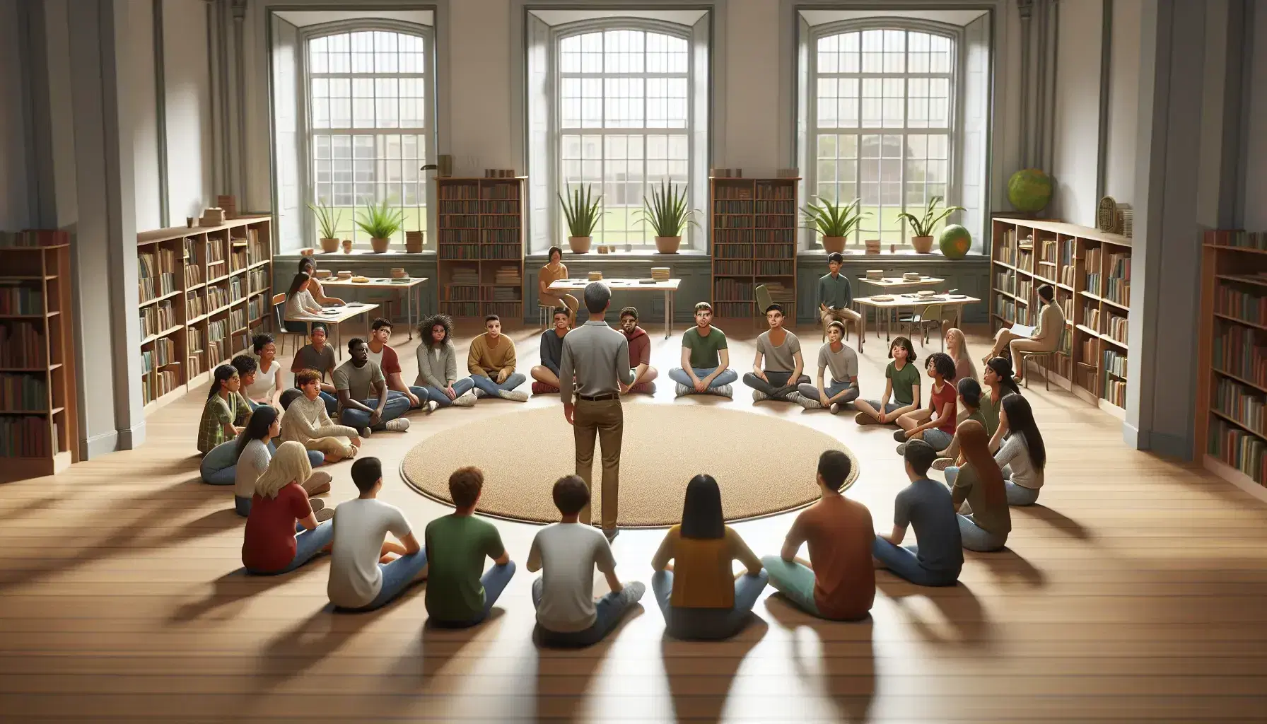 Grupo diverso de estudiantes atentos participando en clase con educador en aula iluminada naturalmente, rodeados de estanterías con libros y plantas verdes.