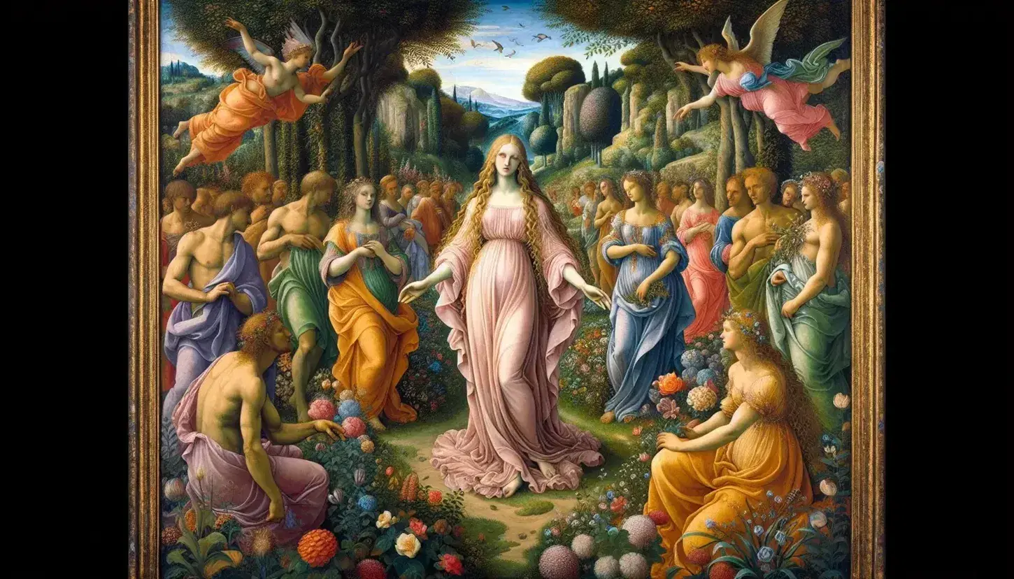 Riproduzione dettagliata del centro de "La Primavera" di Botticelli con Venere e figure mitologiche in giardino fiorito.