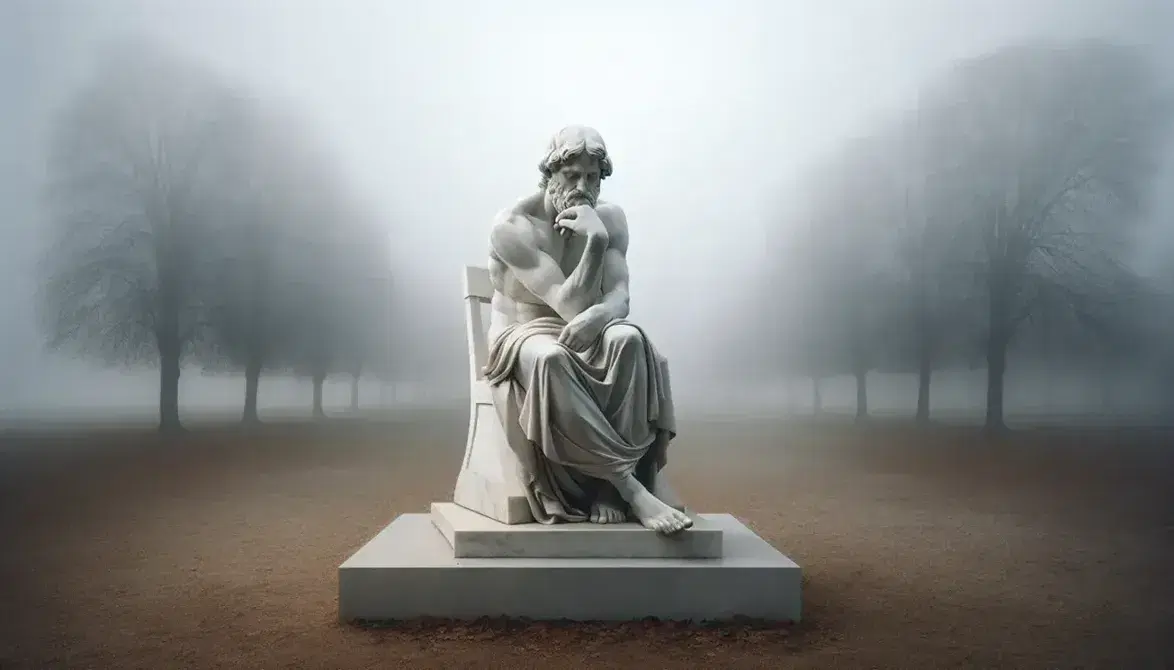Statua in marmo bianco di filosofo seduto su sedia di pietra con mano al mento e libro aperto sulle ginocchia in parco nebbioso.