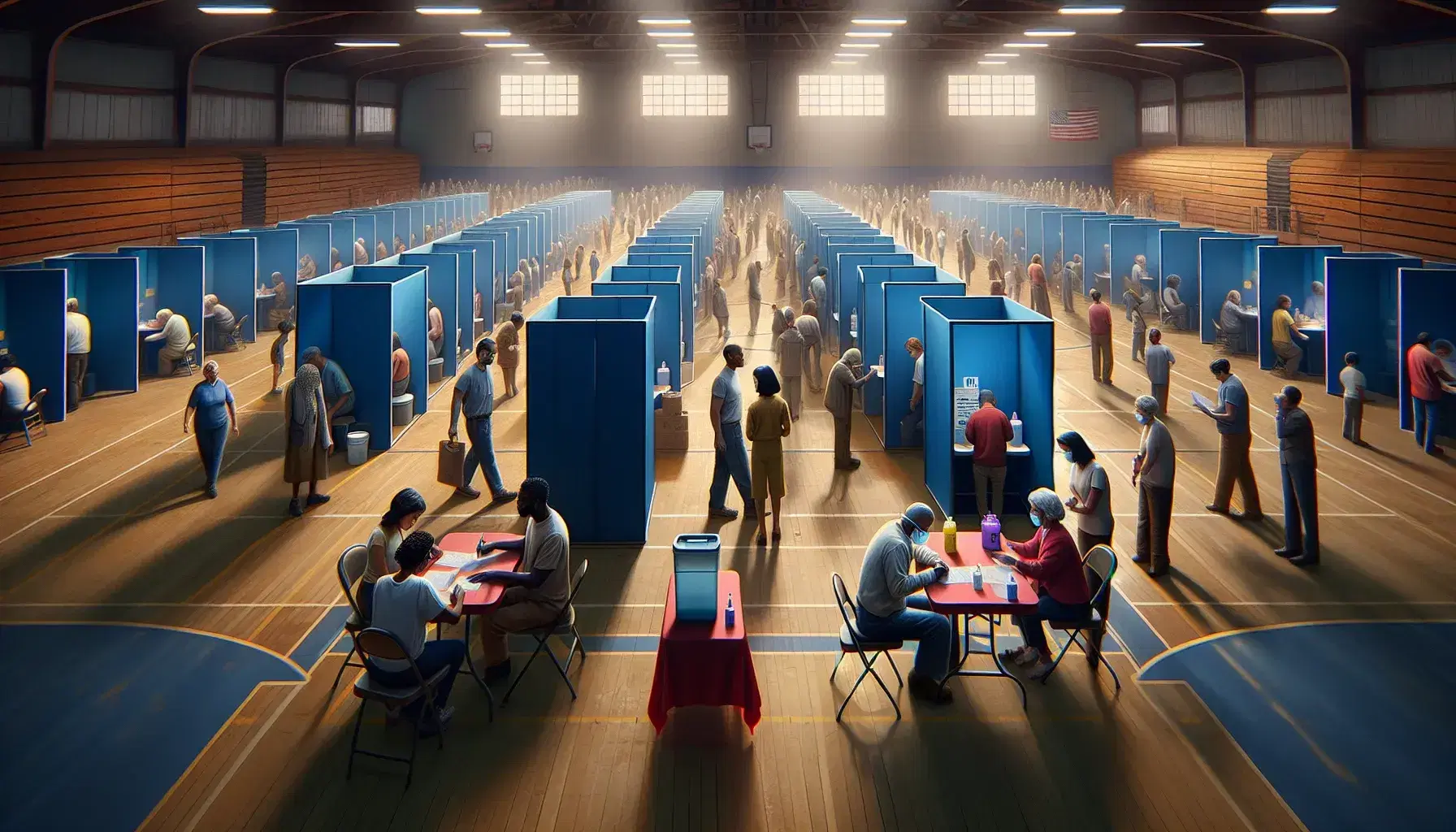 Busy voting scene in a converted gym with people of diverse ethnicities filling out ballots in blue privacy booths, guided by volunteers at a red-draped table.