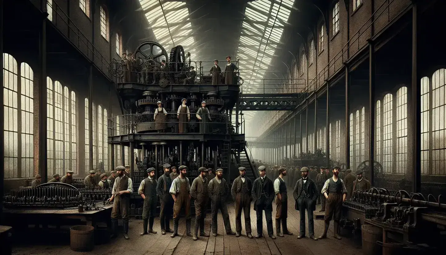 19th-century industrial factory scene with workers in period attire operating heavy machinery, tall arched windows casting shadows on brick walls.