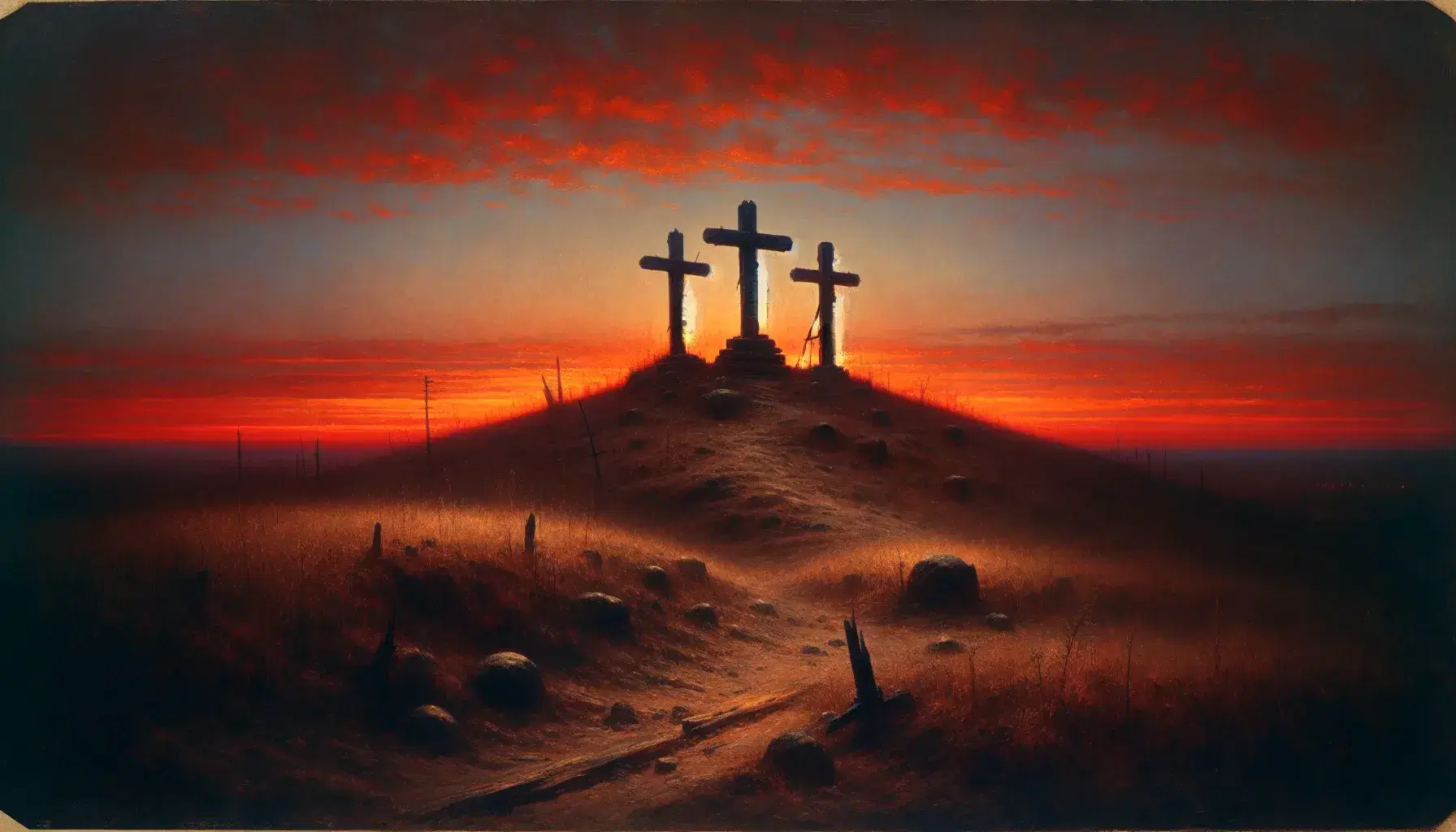 Tramonto con cielo arancione e croci di legno su collina, simbolo di riflessione e storia senza figure umane.