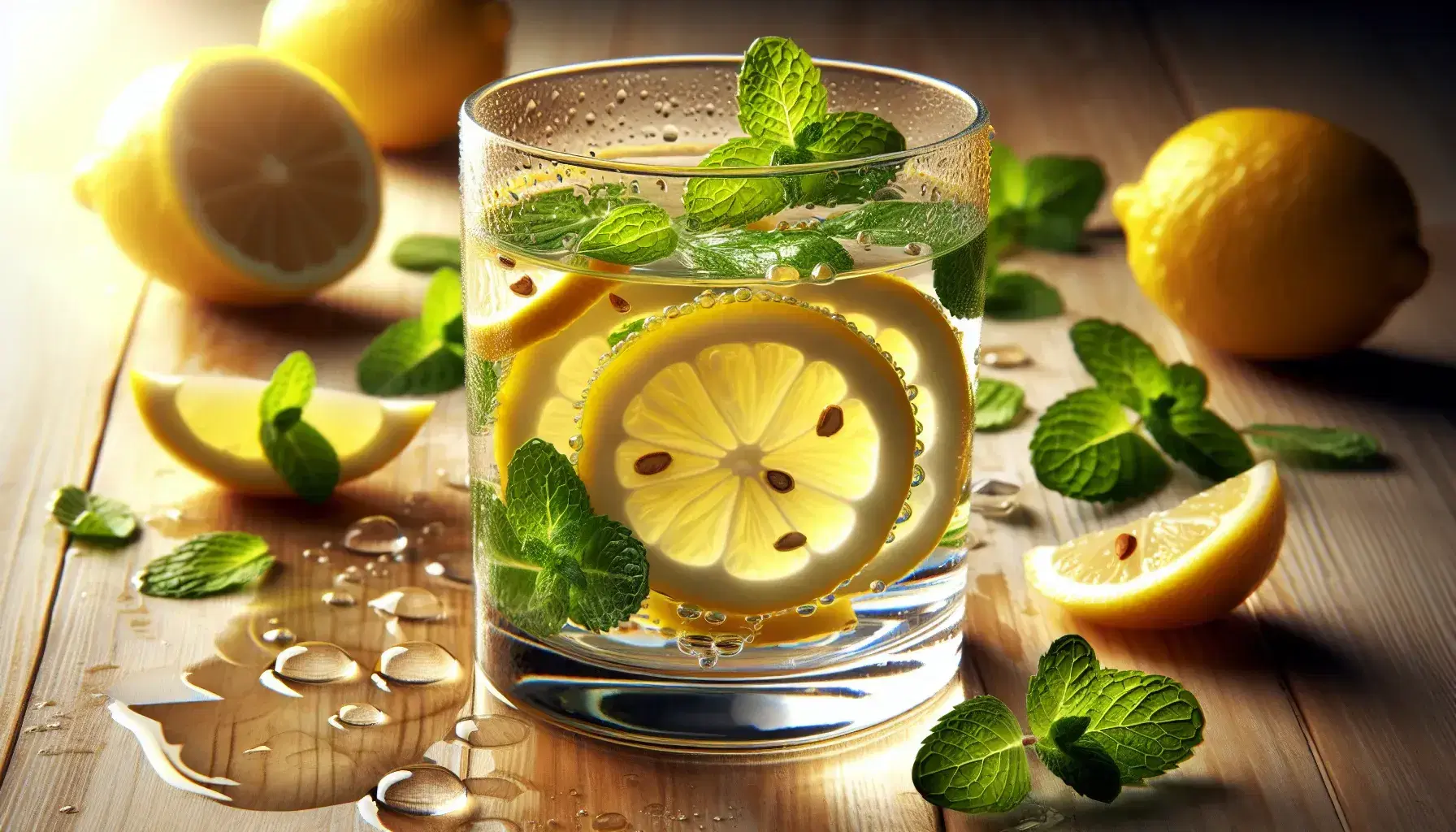 Vaso transparente con agua, rodajas de limón amarillo y hojas de menta verde flotando, sobre superficie de madera clara con gotas de agua.