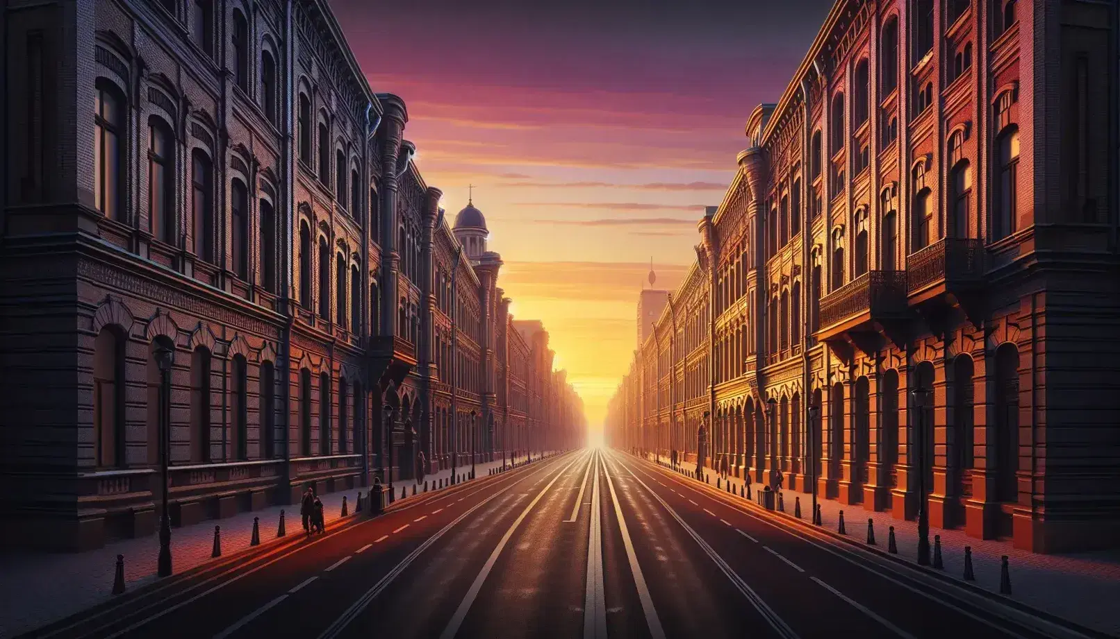 Scena urbana al tramonto con strada che si perde all'orizzonte, edifici storici in stile liberty e persone sfocate su marciapiedi con alberi spogli.
