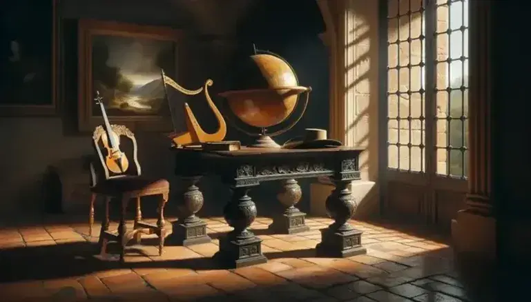 Escena de estudio del Siglo de Oro español con mesa de madera y globo terráqueo, silla con sombrero de ala ancha, ventana arqueada, caballete con pintura inacabada, tintero y paleta de pintura.