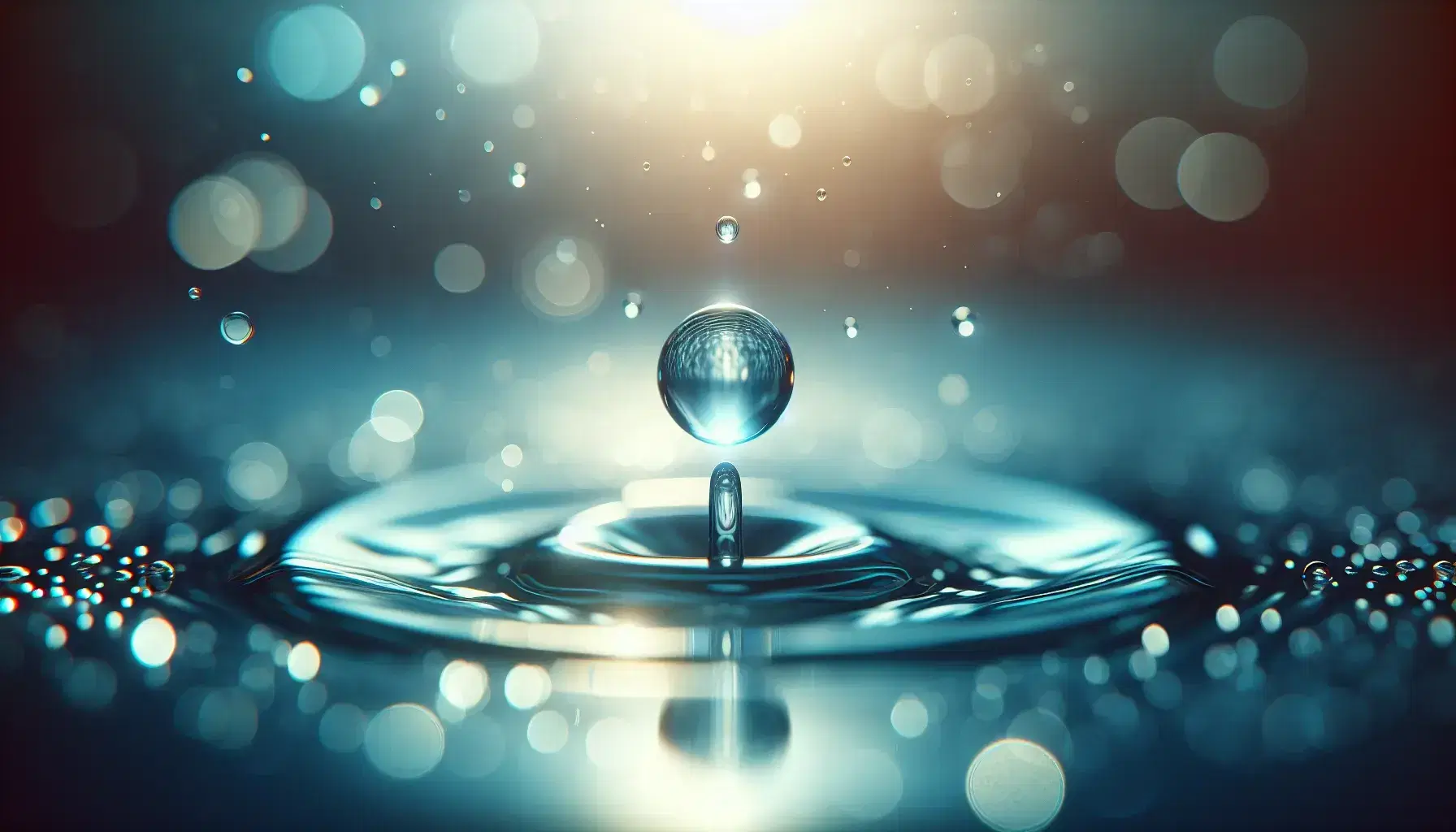 Gota de agua suspendida a punto de caer en superficie líquida con reflejos luminosos y fondo desenfocado en tonos azules y verdes.