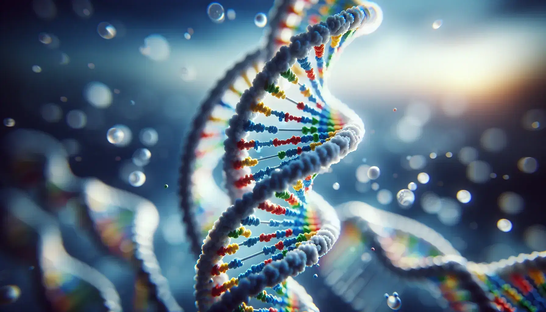 Detailed 3D rendering of a DNA double helix with colored nucleotides against a soft blue background, highlighting genetic structure.