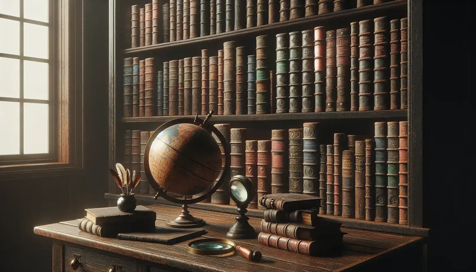 Estantería de madera oscura repleta de libros antiguos con lomos desgastados junto a un globo terráqueo antiguo, lupa y tintero con pluma sobre mesa a juego.