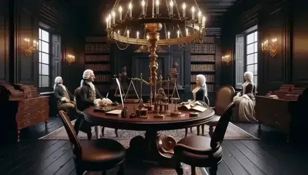 18th century European living room with brass chandelier, round table with scales, inkwell and Panopticon model, books and two people.