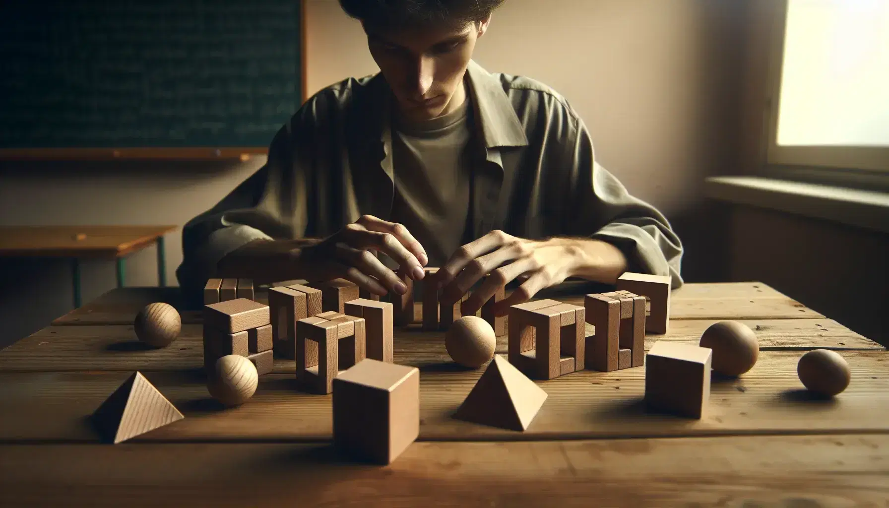 Person absorbed in arranging geometric wooden blocks on a desk, with empty whiteboard and natural light in the background.