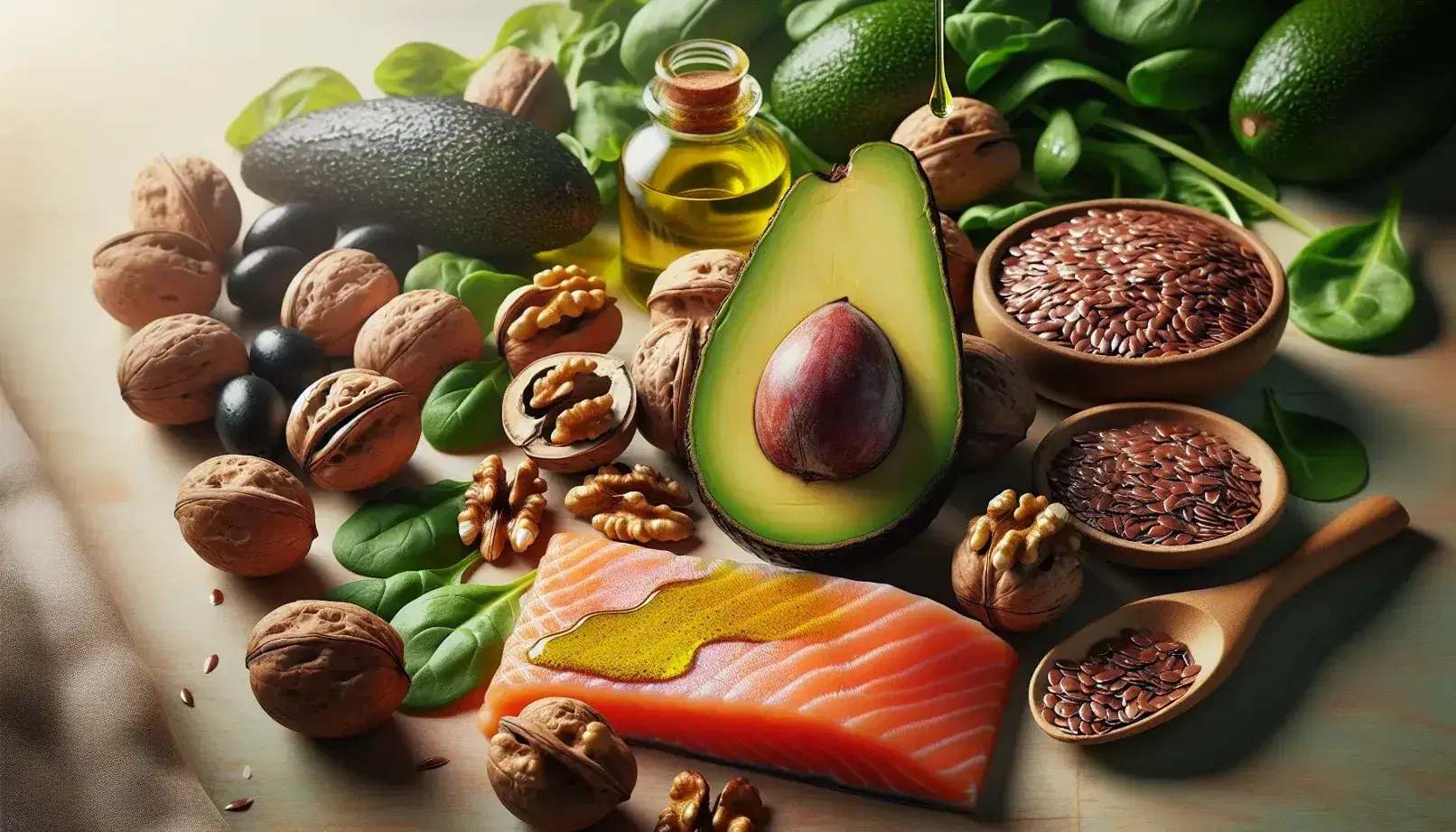 Aguacate partido con semilla visible, nueces, salmón rosado, aceitunas negras, semillas de lino doradas, espinacas frescas y aceite de oliva vertiéndose, todo sobre fondo de madera clara.