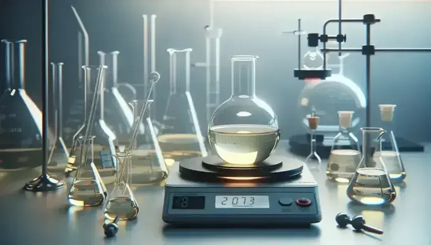 Organic chemistry laboratory with round bottom flask containing pale yellow liquid, heating plates, beakers and lit burner.