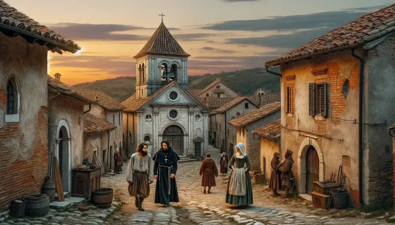 Tramonto su antico borgo lombardo con chiesa, case rurali, sacerdote e abitanti in dialogo, immersi in un'atmosfera storica senza segni di modernità.