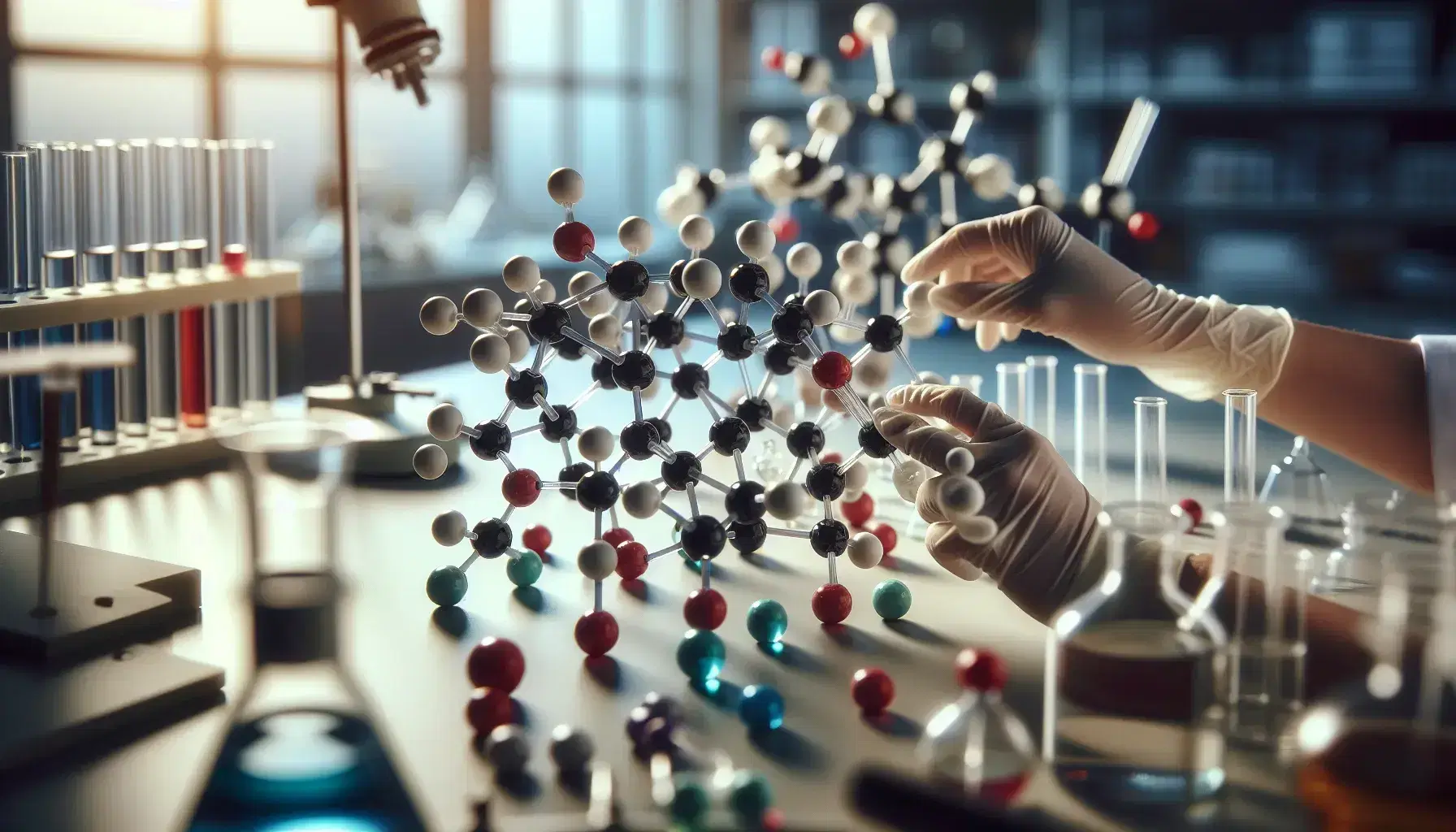 Hands in white gloves assemble a molecular model with colored spheres and transparent rods in a laboratory with instruments and blurry test tubes.