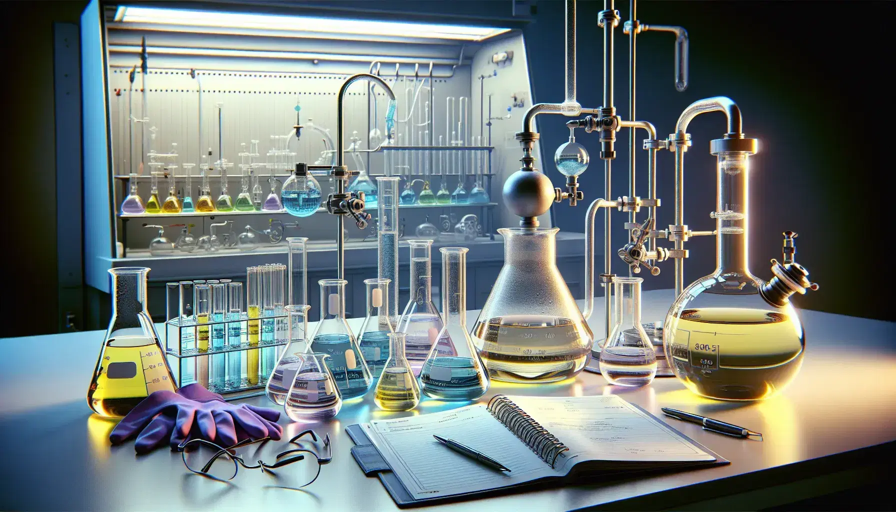 Laboratory with colored beakers in a row, lit Bunsen burner, distillation setup, safety glasses, gloves and notebook on bench.