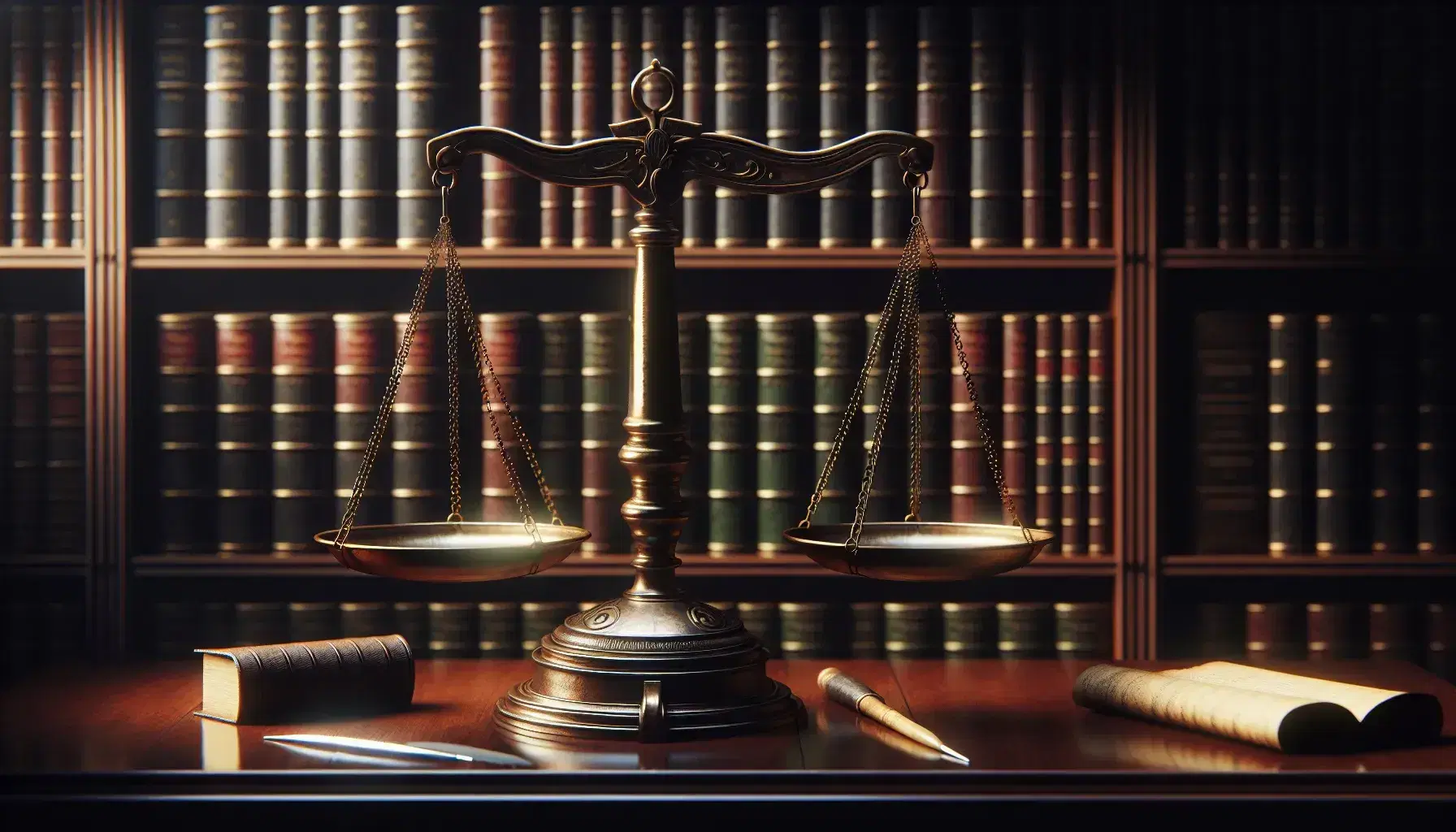 Bilancia antica equilibrata in bronzo con piatti vuoti, sfondo di libreria con volumi rilegati e tavolo con calamaio e pergamena.