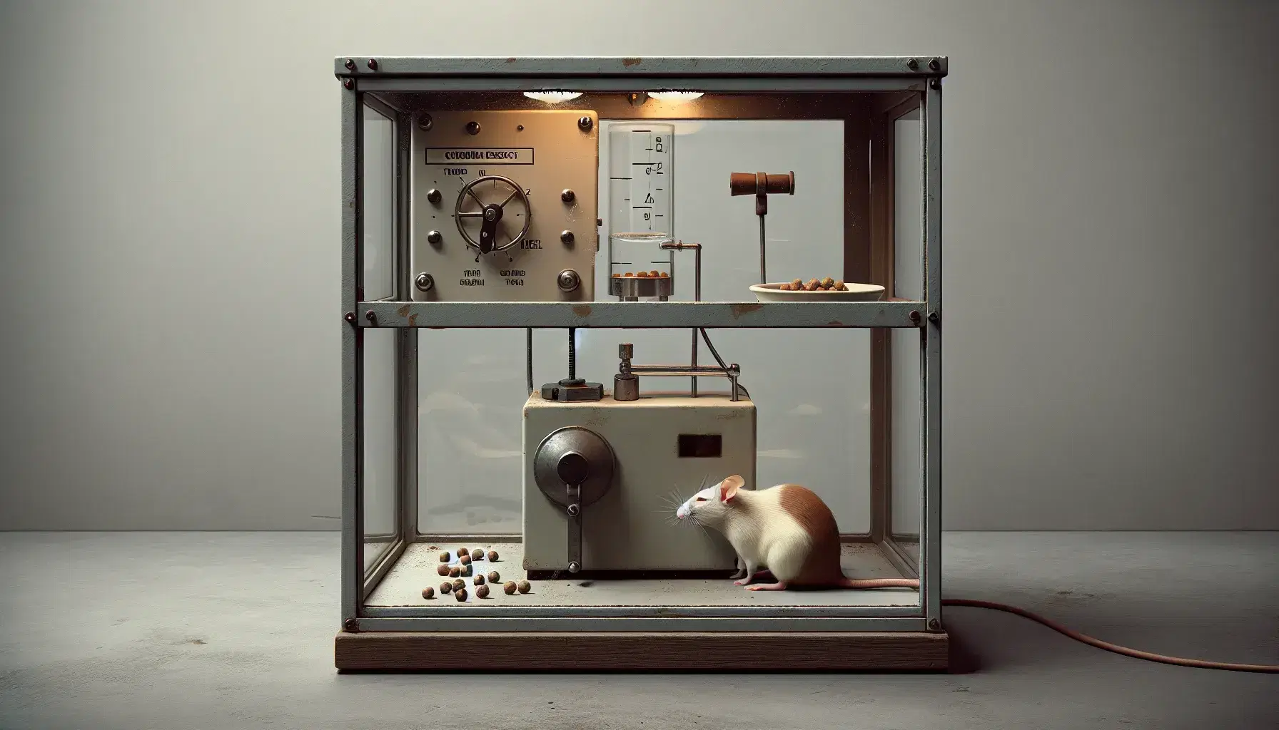 Brown rat standing on hind legs operates lever in Skinner operant conditioning chamber with bowl of pellets in front.