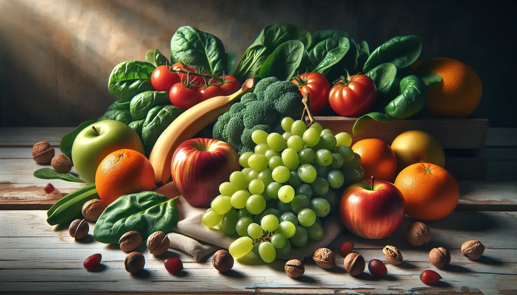 Variedad de frutas y verduras frescas sobre superficie de madera clara, con uvas verdes, manzana roja, banana madura, naranja, espinacas y tomate rojo, acompañados de nueces.