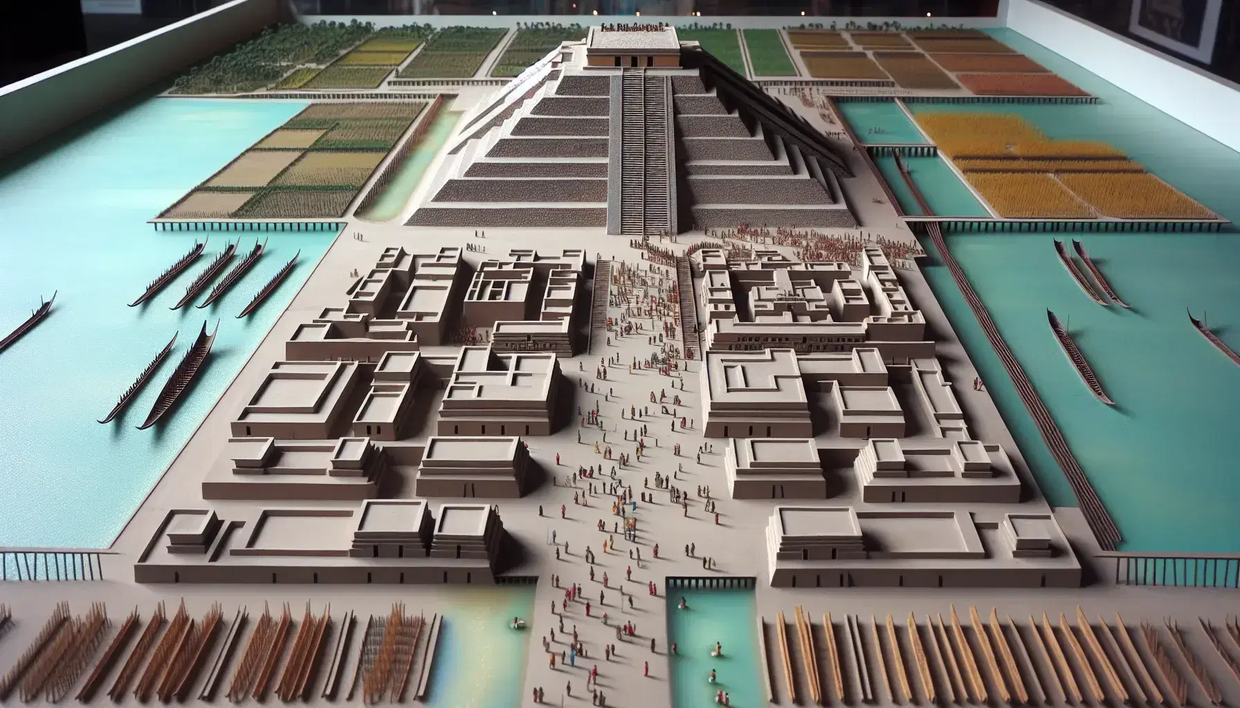 Maqueta aérea de Tenochtitlán con pirámide central, edificios ordenados, lago con canoas, puentes, campos verdes y figuras en miniatura.