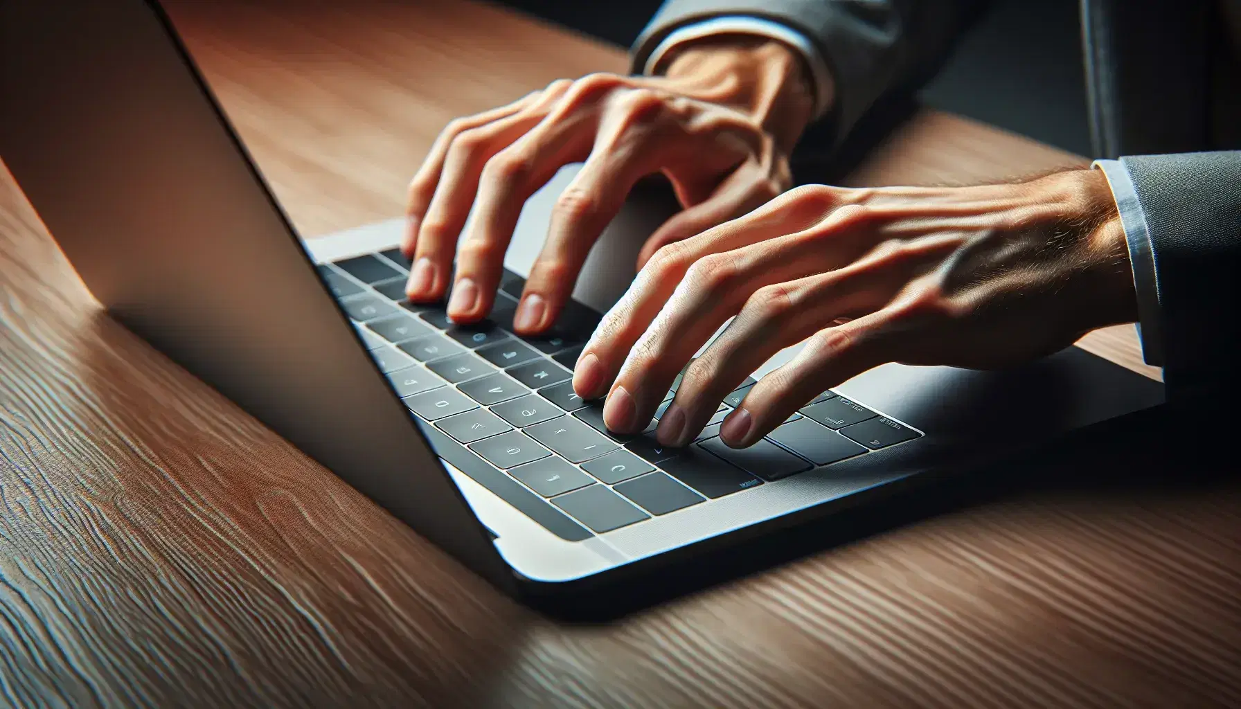 Hands typing on laptop keyboard on wooden desk, extended fingers ready to press 'Enter' key, calm and focused environment.