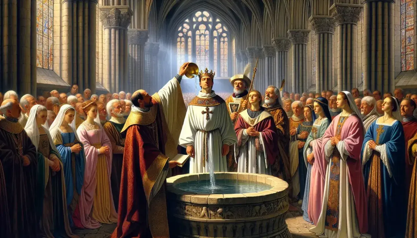 Battesimo di Re Clodoveo con sacerdote che versa acqua sul capo, circondato da aristocratici gallo-franchi in abiti storici.