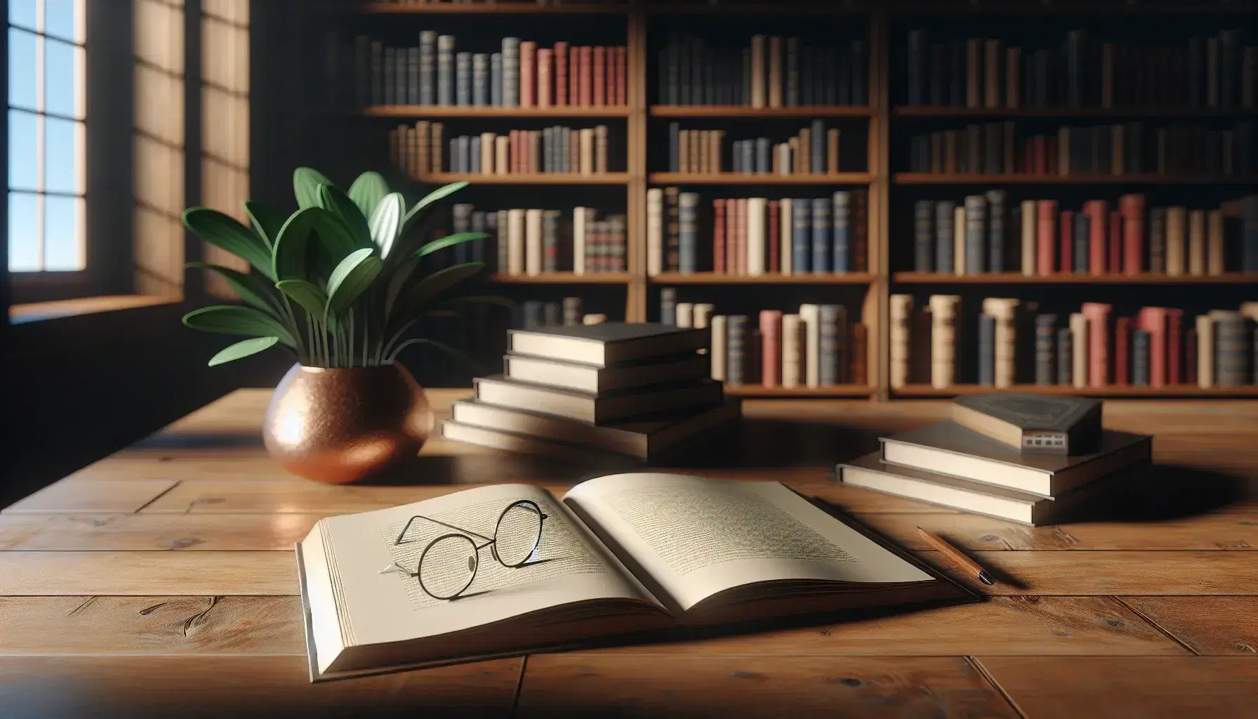 Mesa de madera con libro abierto sin texto, gafas con montura negra y planta verde en maceta de cerámica, estanterías desenfocadas con libros variados al fondo.
