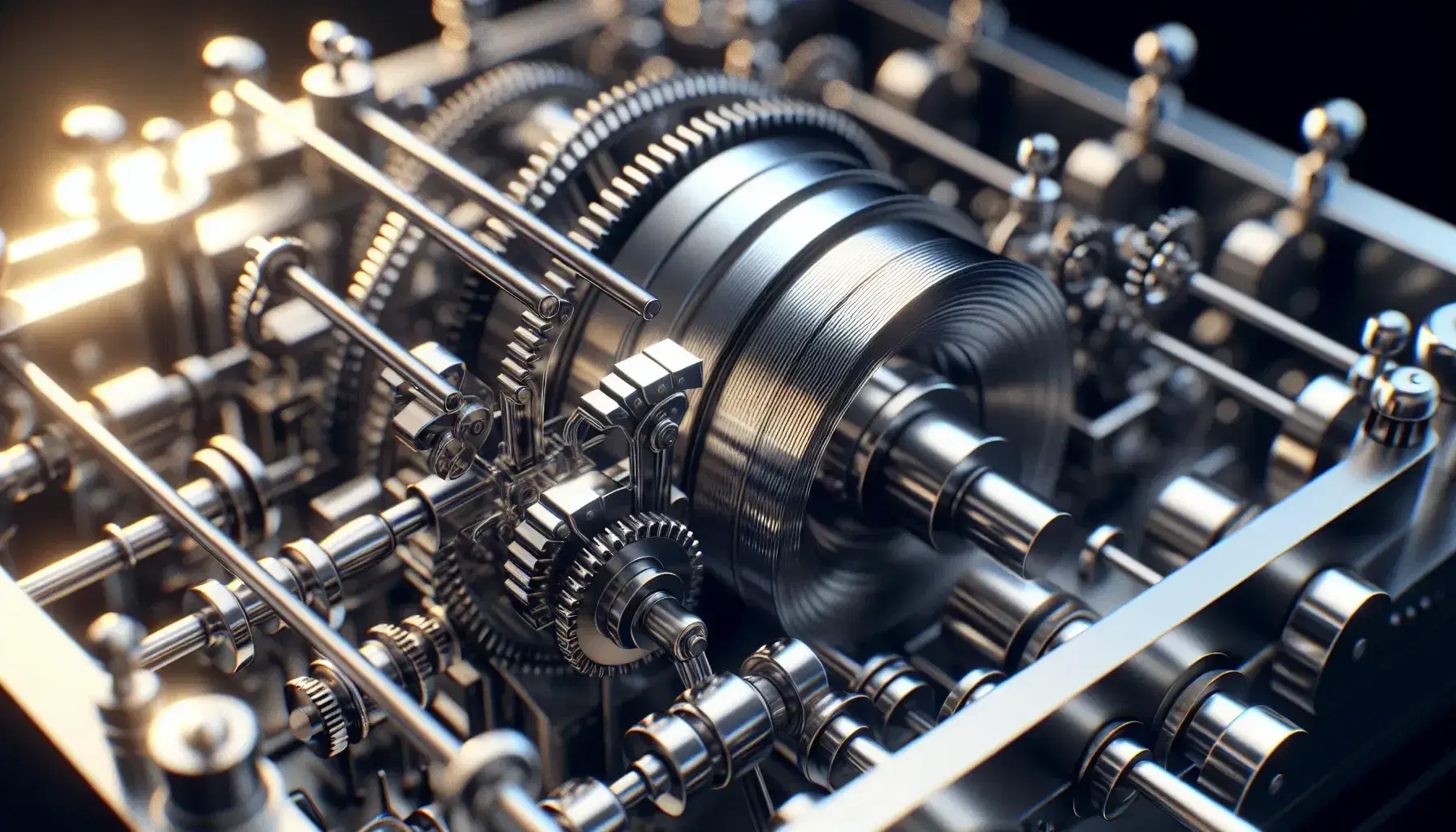 Close-up view of a mechanical Turing machine with polished metal gears, levers, and a central cylindrical drum wrapped by a blank tape.