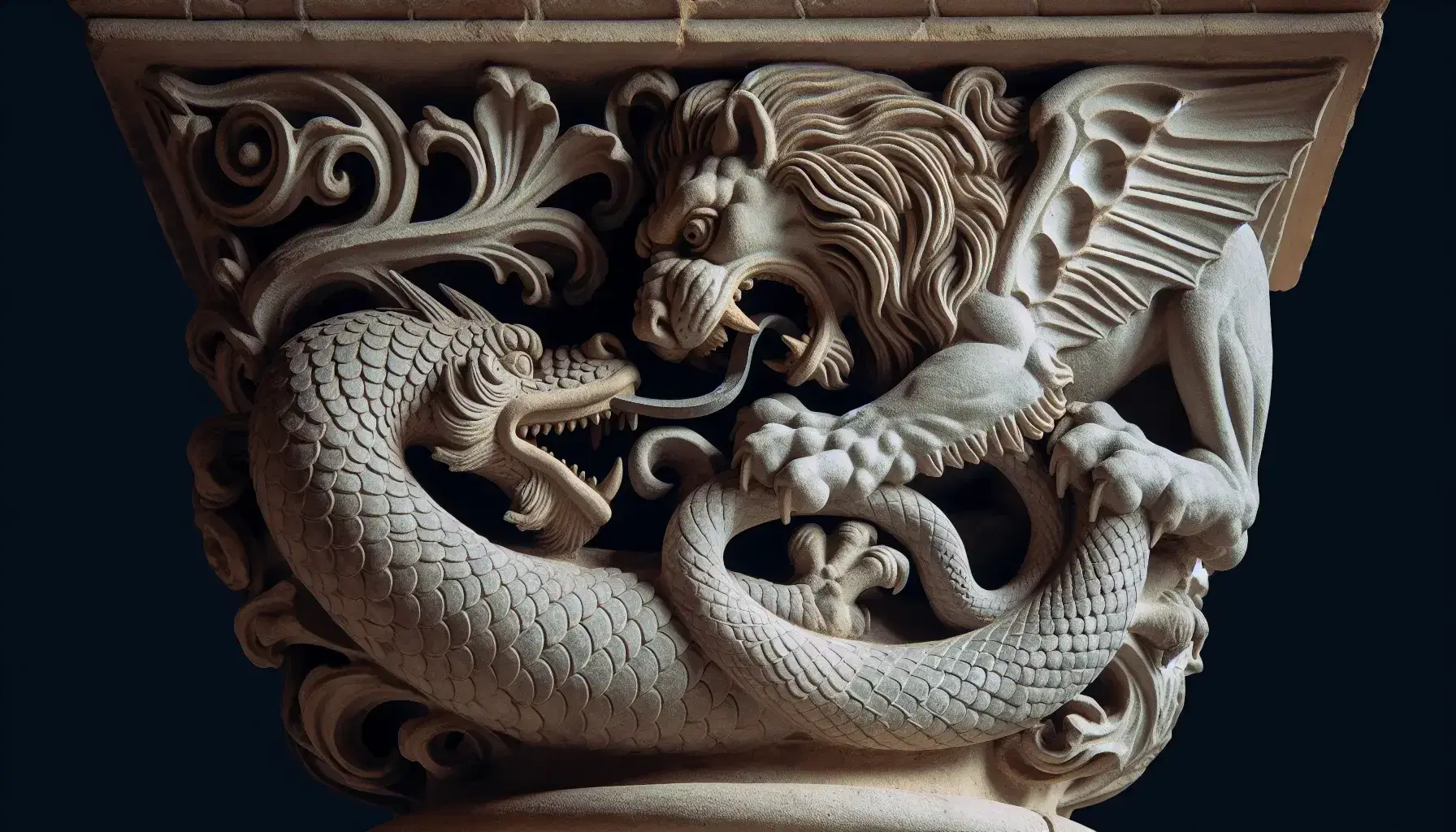 Capitello romanico in pietra raffigurante battaglia tra leone e drago, con dettagli scultorei e ornamenti vegetali.
