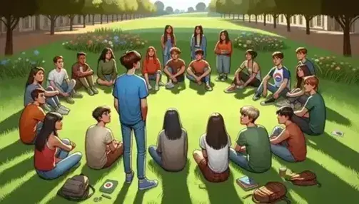 Grupo de adolescentes diversos escuchando atentamente a un compañero que está de pie en un parque soleado, rodeados de árboles y flores.