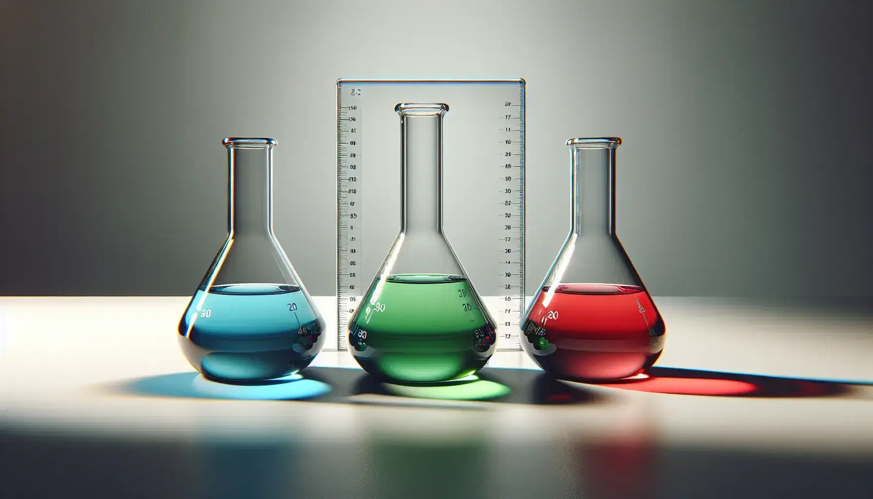 Three bell-shaped glass flasks with colored liquids on laboratory bench: blue on the left, green in the center, red on the right, with subtle shadows.