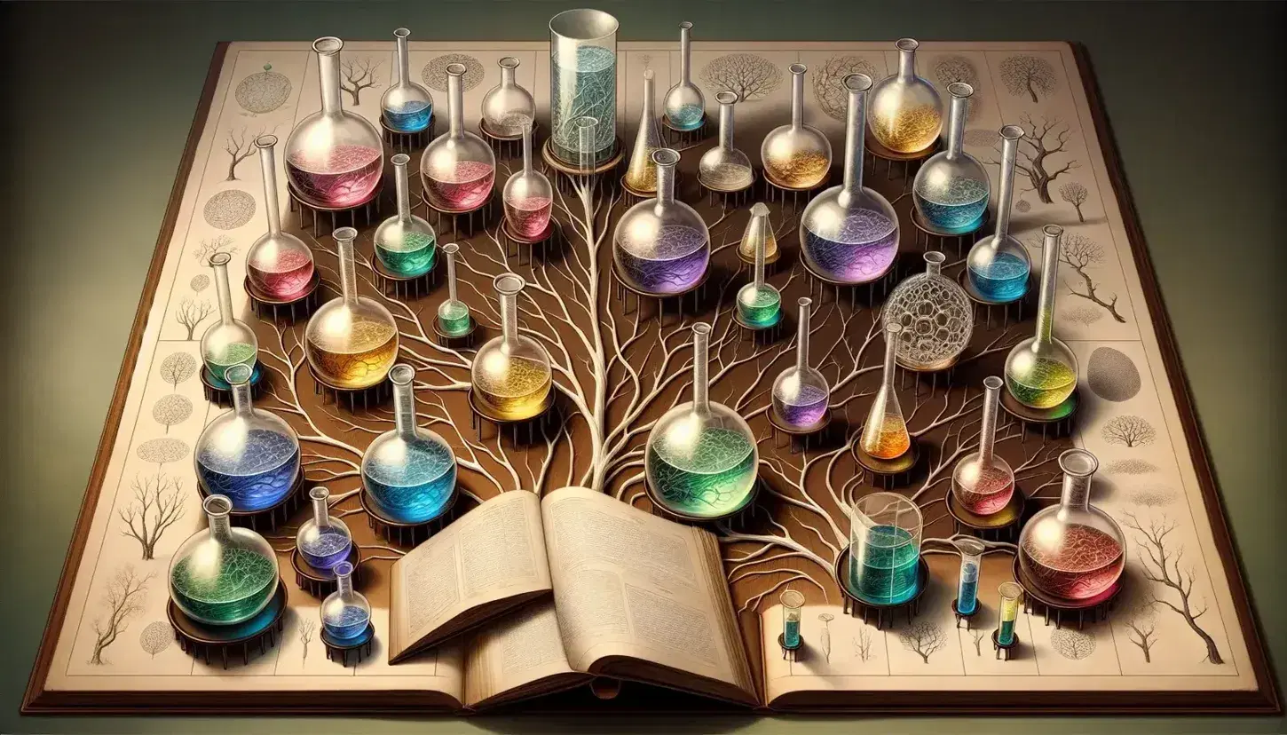 Polished wooden table with colorful liquid-filled glass flasks, a leather-bound book with tree illustrations, a chalkboard, and a potted plant by a window.