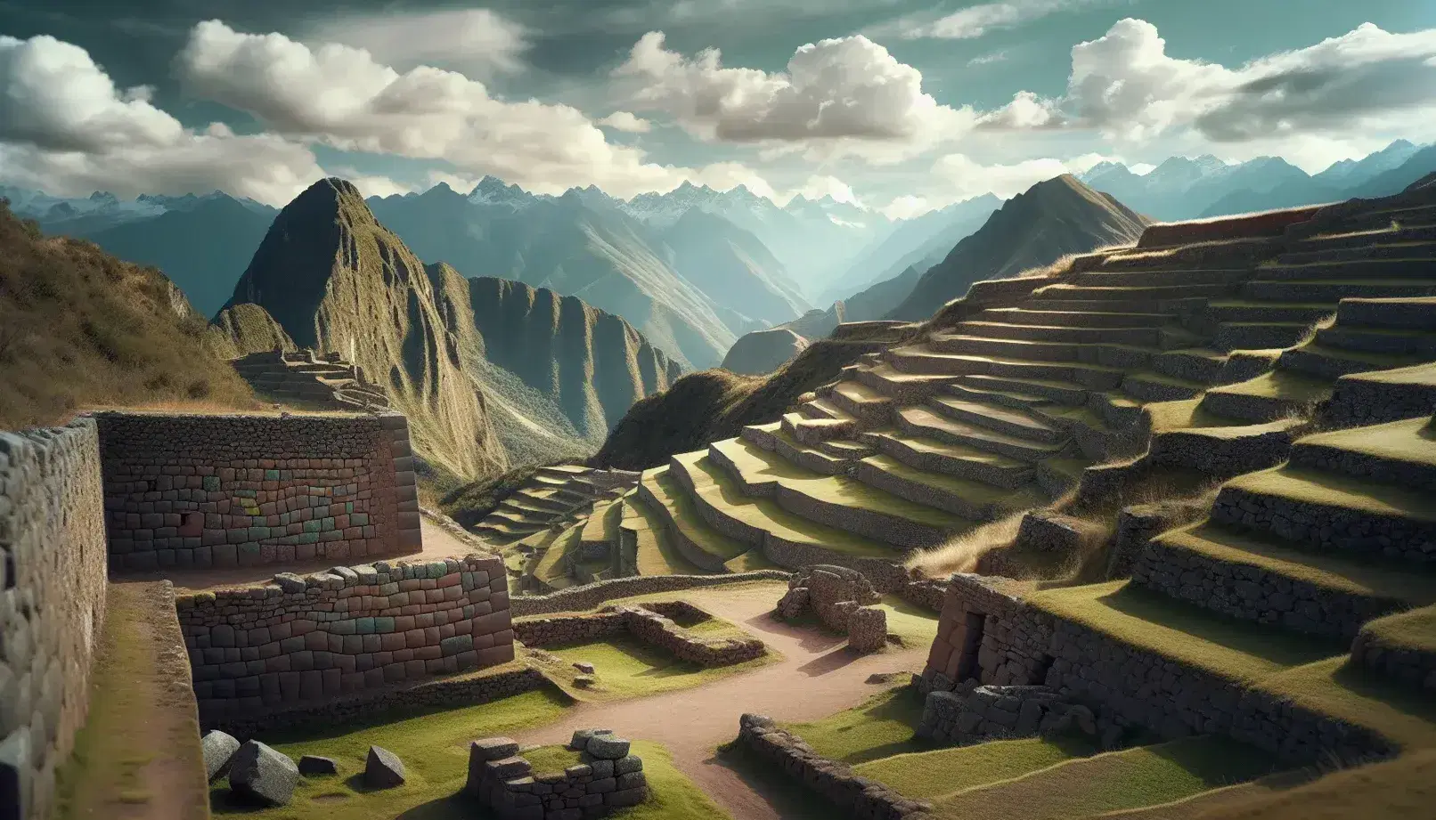 Ruinas de una antigua ciudadela inca con muros de piedra poligonal y terrazas agrícolas en una montaña neblinosa, reflejando la ingeniería y paisaje andino.