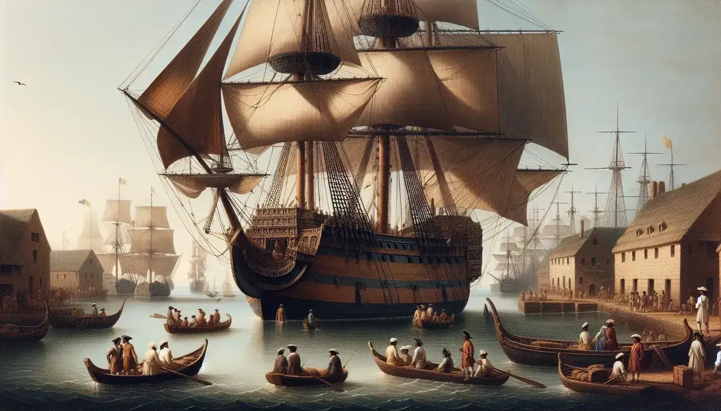 18th-century British East India Company port with a large anchored sailing ship, bustling sailors, and merchants in period attire negotiating on the shore.