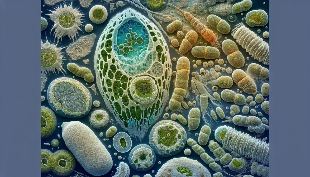 Varietà di protisti al microscopio con dettagli di nucleo, vacuoli, mitocondri, colonie cellulari, cloroplasti e strutture per il movimento in un ambiente acquatico.