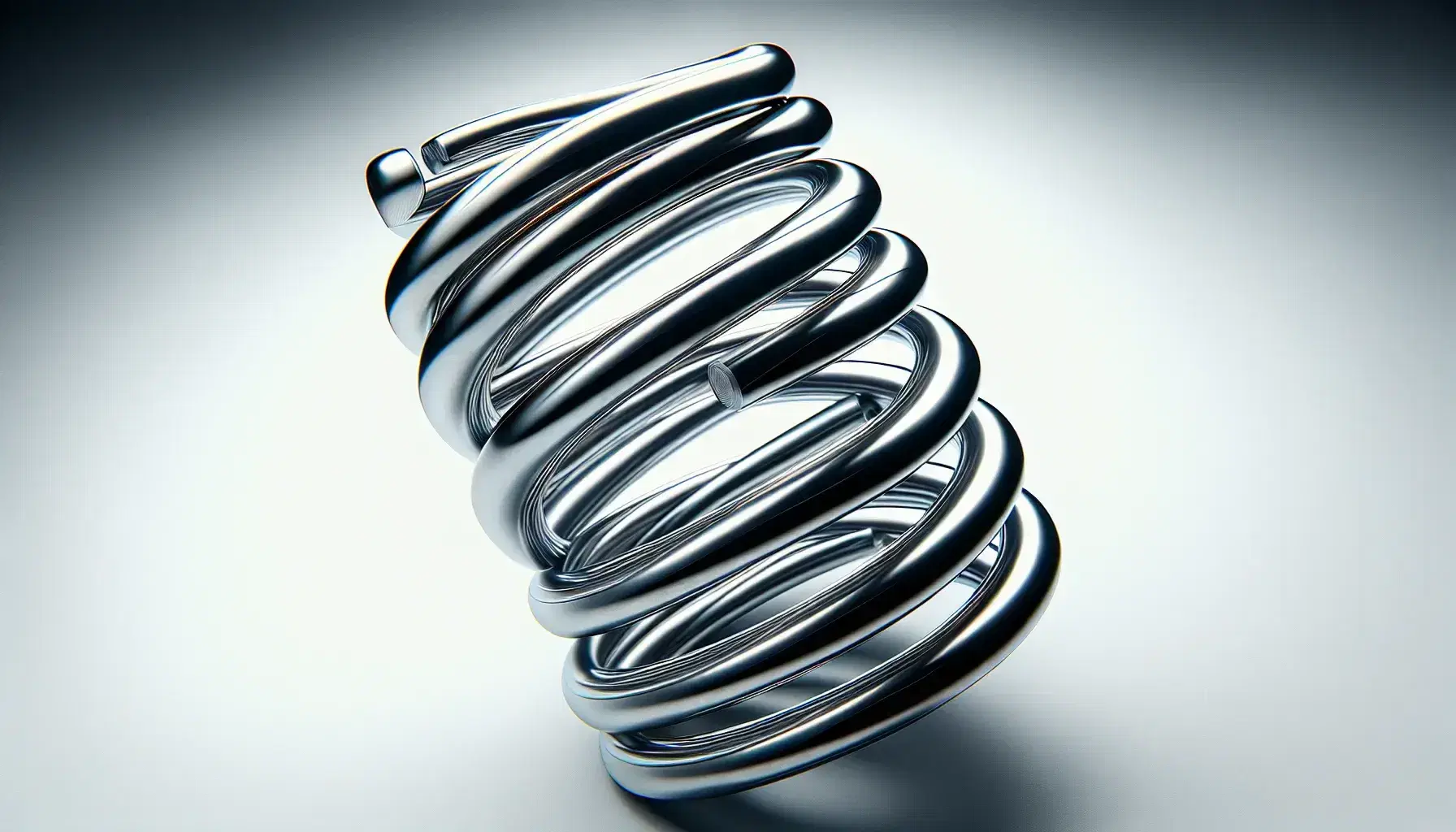 Close-up view of a compressed metallic coil spring against a white background, with a gradient of light reflecting off its helical surface.