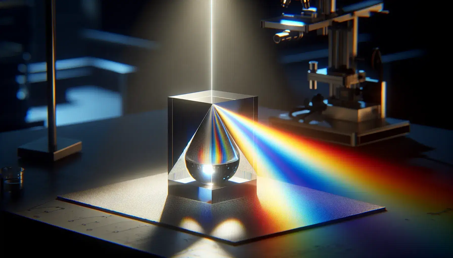Glass prism on a black surface dispersing white light into a colorful spectrum on a white screen, demonstrating light refraction in a laboratory setting.